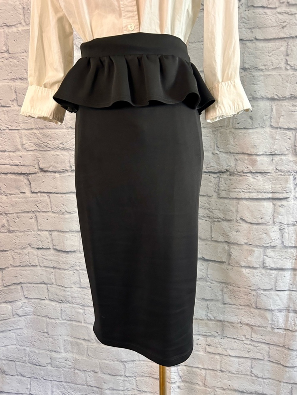 2 Piece Styled Outfit White Blouse w Gems Collar Black Peplum Pencil Midi Skirt - Picture 5 of 12